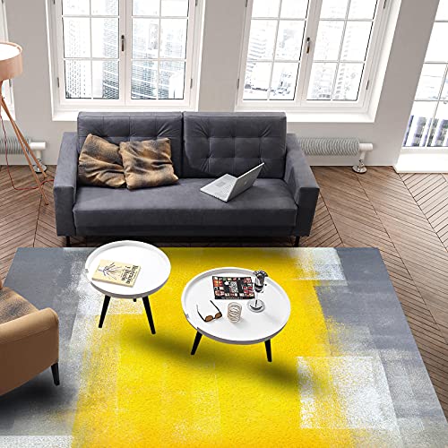 KITHOME Contemporary Non-Slip Area Rug Grey and Yellow Abstract Art Texute Printed Rugs Art Carnival Rubber Backing Living Room Floor Mats Rectangle Area Rug Carpet for Indoor 2.7'x5'