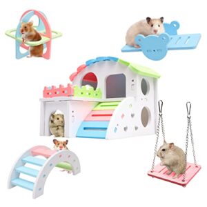 syrian hamster toys set, improved version 8.7 in large hamster house, wooden gerbil hideout, small animals seesaw, guinea pig sport exercise toys, rainbow bridge, swing, dwarf hamster cage accessories