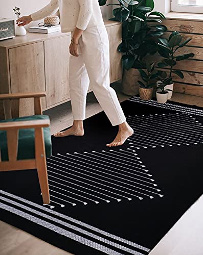 Boho Area Rug 4'x6' Woven Black Rugs Cotton Moroccan Geometric Chic Bohemian Indoor Outdoor Rug Farmhouse Throw Rug Washable Floor Carpet for Entry Mat Living Room Bedroom Patio Decor