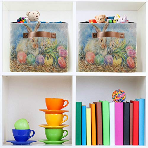 Nander Large Foldable Storage Bin Rectangle Waterproof Storage Basket Cube with PU Handles for Organizing Nursery Home Closet & Office - Vintage Watercolor Easter Bunny Egg, 1 Pack