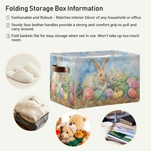 Nander Large Foldable Storage Bin Rectangle Waterproof Storage Basket Cube with PU Handles for Organizing Nursery Home Closet & Office - Vintage Watercolor Easter Bunny Egg, 1 Pack