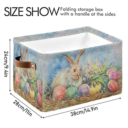 Nander Large Foldable Storage Bin Rectangle Waterproof Storage Basket Cube with PU Handles for Organizing Nursery Home Closet & Office - Vintage Watercolor Easter Bunny Egg, 1 Pack