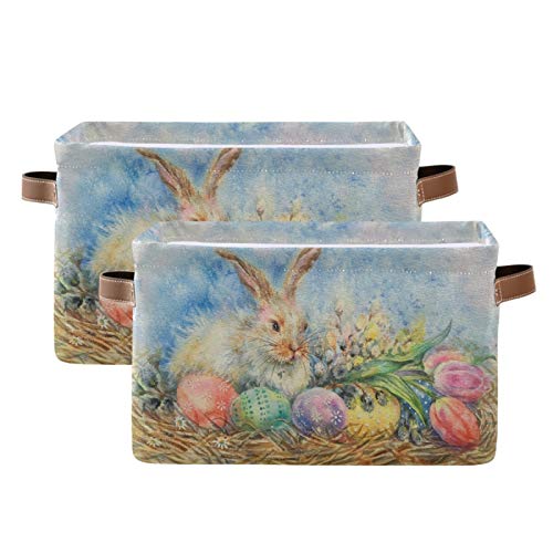 Nander Large Foldable Storage Bin Rectangle Waterproof Storage Basket Cube with PU Handles for Organizing Nursery Home Closet & Office - Vintage Watercolor Easter Bunny Egg, 1 Pack