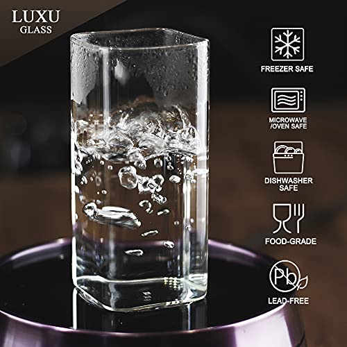 LUXU Drinking Glasses 13 oz,Thin Square Glasses Set of 4,Elegant Bar Glassware For Water,Juice,Beer, Drinks,and Cocktails and Mixed Drinks,Lead-Free Square Glass,Glass Drink Tumblers