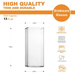 LUXU Drinking Glasses 13 oz,Thin Square Glasses Set of 4,Elegant Bar Glassware For Water,Juice,Beer, Drinks,and Cocktails and Mixed Drinks,Lead-Free Square Glass,Glass Drink Tumblers