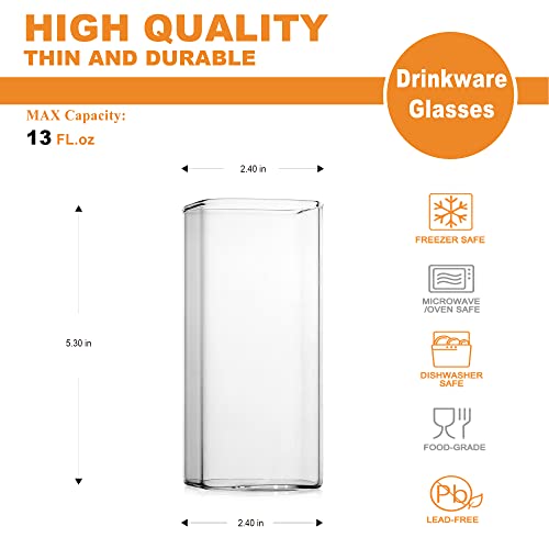 LUXU Drinking Glasses 13 oz,Thin Square Glasses Set of 4,Elegant Bar Glassware For Water,Juice,Beer, Drinks,and Cocktails and Mixed Drinks,Lead-Free Square Glass,Glass Drink Tumblers