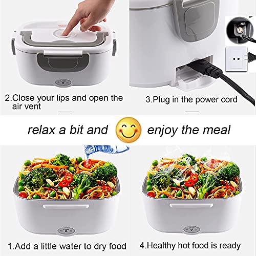Electric Lunch Box 3 in 1-12V 24V 110V, 52 Oz, 55W Food Heater for Adults-Portable Food Warmer Lunch Box for car/truck & home, Leak proof- 1.5L Removable Stainless Steel Container- fork,spoon, Bag