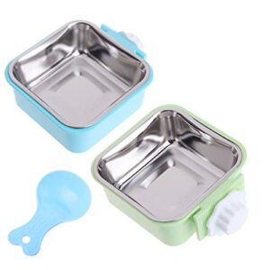 Crate Dog Bowl, Removable Stainless Steel Water Food Feeder Bowls Hanging Pet Cage Bowl Cage Coop Cup for Dogs Cats Puppy Rabbits Bird and Small Pets (Large (Pack of 2), Square (Blue+Green))