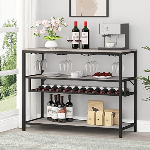 LVB Rustic Wine Rack Table, Metal and Wood Wine Cabinet Coffee Bar Cabinet, Freestanding Floor Liquor Bar Table with Glass Holder and Wine Storage, Light Grey Oak