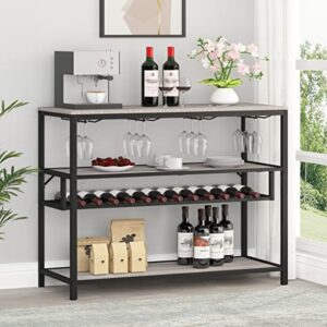 LVB Rustic Wine Rack Table, Metal and Wood Wine Cabinet Coffee Bar Cabinet, Freestanding Floor Liquor Bar Table with Glass Holder and Wine Storage, Light Grey Oak