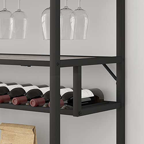 LVB Rustic Wine Rack Table, Metal and Wood Wine Cabinet Coffee Bar Cabinet, Freestanding Floor Liquor Bar Table with Glass Holder and Wine Storage, Light Grey Oak