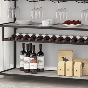 LVB Rustic Wine Rack Table, Metal and Wood Wine Cabinet Coffee Bar Cabinet, Freestanding Floor Liquor Bar Table with Glass Holder and Wine Storage, Light Grey Oak