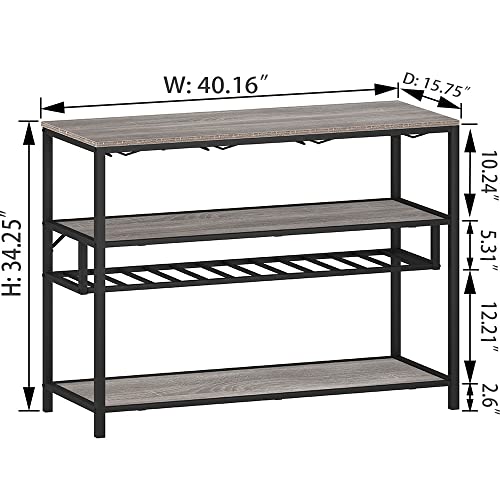 LVB Rustic Wine Rack Table, Metal and Wood Wine Cabinet Coffee Bar Cabinet, Freestanding Floor Liquor Bar Table with Glass Holder and Wine Storage, Light Grey Oak