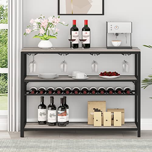 LVB Rustic Wine Rack Table, Metal and Wood Wine Cabinet Coffee Bar Cabinet, Freestanding Floor Liquor Bar Table with Glass Holder and Wine Storage, Light Grey Oak