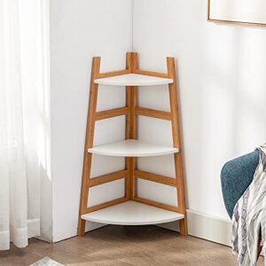 Forevich Bamboo Corner Shelf 3 Tier Ladder Storage Bathroom Shelf for Home Office Rack for Display Corner