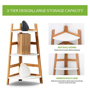 Forevich Bamboo Corner Shelf 3 Tier Ladder Storage Bathroom Shelf for Home Office Rack for Display Corner