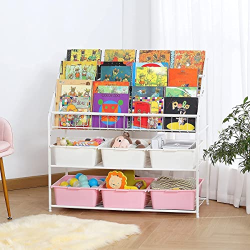 Large Kids Bookshelf With 6 Storage Box,5 Tier Metal Kids Bookcases Children's Toy Storage Rack, 6 Storage Drawer for Books Toys storage, Book Unit Storage Shelf for Playroom, Bedroom, Study Room.