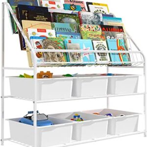 Large Kids Bookshelf With 6 Storage Box,5 Tier Metal Kids Bookcases Children's Toy Storage Rack, 6 Storage Drawer for Books Toys storage, Book Unit Storage Shelf for Playroom, Bedroom, Study Room.