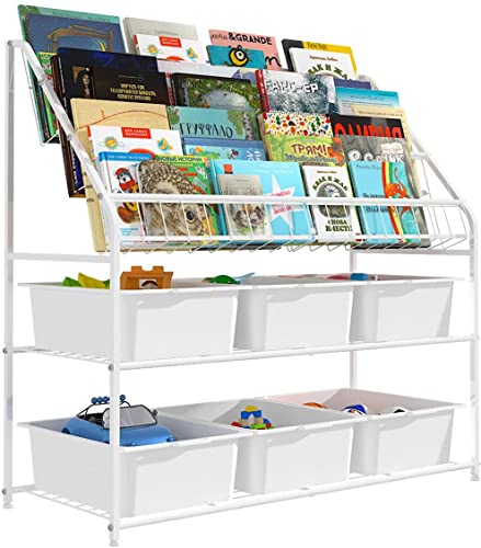 Large Kids Bookshelf With 6 Storage Box,5 Tier Metal Kids Bookcases Children's Toy Storage Rack, 6 Storage Drawer for Books Toys storage, Book Unit Storage Shelf for Playroom, Bedroom, Study Room.