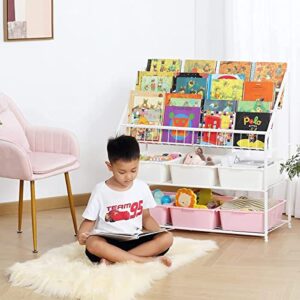 Large Kids Bookshelf With 6 Storage Box,5 Tier Metal Kids Bookcases Children's Toy Storage Rack, 6 Storage Drawer for Books Toys storage, Book Unit Storage Shelf for Playroom, Bedroom, Study Room.