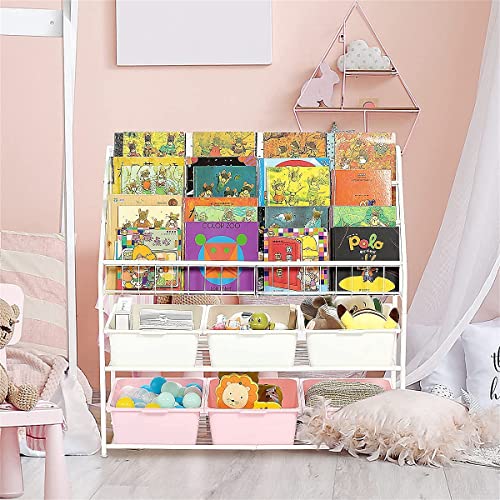 Large Kids Bookshelf With 6 Storage Box,5 Tier Metal Kids Bookcases Children's Toy Storage Rack, 6 Storage Drawer for Books Toys storage, Book Unit Storage Shelf for Playroom, Bedroom, Study Room.