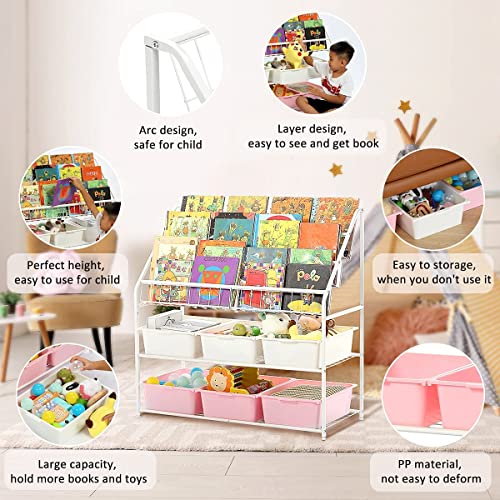 Large Kids Bookshelf With 6 Storage Box,5 Tier Metal Kids Bookcases Children's Toy Storage Rack, 6 Storage Drawer for Books Toys storage, Book Unit Storage Shelf for Playroom, Bedroom, Study Room.