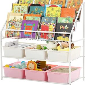 Large Kids Bookshelf With 6 Storage Box,5 Tier Metal Kids Bookcases Children's Toy Storage Rack, 6 Storage Drawer for Books Toys storage, Book Unit Storage Shelf for Playroom, Bedroom, Study Room.