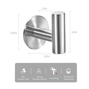 Vuzvuv Adhesive Hooks Brushed Nickel SUS304 Stainless Steel Towel Hooks Heavy Duty Waterproof Wall Hooks Self Adhesive Coat Robe Towel Hooks for Bathrooms Kitchen Hotel Wall Mounted Hooks - 2 Pack