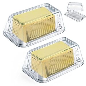 zeayea 2 pack glass butter dish with lid, glass butter keeper, 100% food safe clear butter serving dish with cover for cream cheese, cake, salad, candy, hold 2 standard stick butter