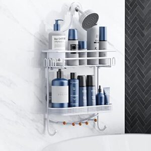 smatorga hanging shower caddy over shower head, anti-swing stainless steel shower organizer with 13 hooks, extra large storage space for razor shampoo holder silver shower rack rustproof
