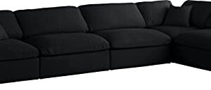 Meridian Furniture Plush Collection Contemporary Down Filled Cloud-Like Comfort Overstuffed Velvet Upholstered Modular L-Shaped Sectional, 5-Seater, Semi-Armless, Black