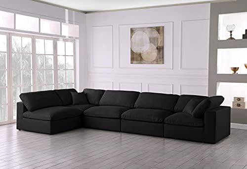 Meridian Furniture Plush Collection Contemporary Down Filled Cloud-Like Comfort Overstuffed Velvet Upholstered Modular L-Shaped Sectional, 5-Seater, Semi-Armless, Black