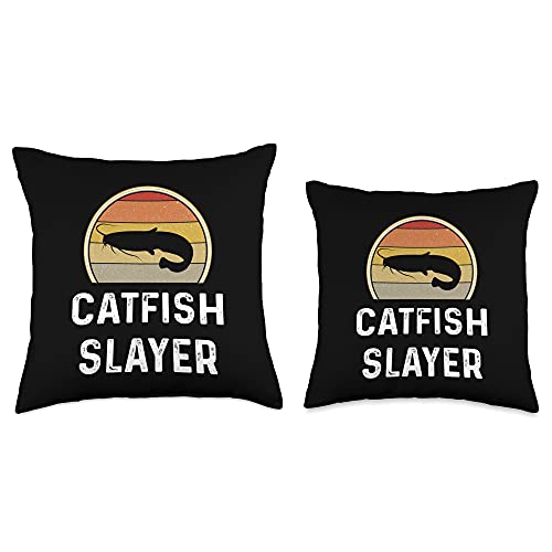 Catfish Fishing Humor Shirts Catfish Slayer Fishing Gifts Funny Fisherman Shirt Retro Throw Pillow, 16x16, Multicolor