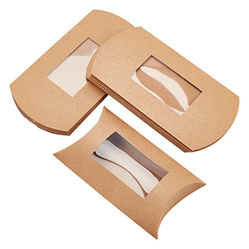 BENECREAT 20pcs 6.8x3.9x1.5 Inches Brown Kraft Pillow Boxes Paper Window Box for Candy Cokkie Treats and Birthday Wedding Party Favors