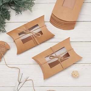 BENECREAT 20pcs 6.8x3.9x1.5 Inches Brown Kraft Pillow Boxes Paper Window Box for Candy Cokkie Treats and Birthday Wedding Party Favors