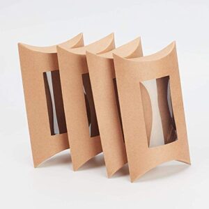 BENECREAT 20pcs 6.8x3.9x1.5 Inches Brown Kraft Pillow Boxes Paper Window Box for Candy Cokkie Treats and Birthday Wedding Party Favors