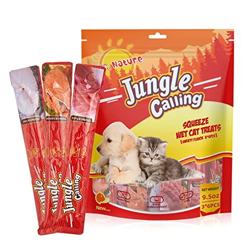 Jungle Calling Lickable Wet Cat Treats, Grain-Free, Squeezable Creamy Cat Treats for Adult & Senior Cats, 0.5 Ounces in Each 18 Tubes, 3 Flavor Variety