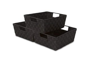 sorbus woven basket bin set - shelf storage tote baskets for household items - stackable with woven straps & built-in carry handles (black)