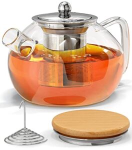 glass teapot with infuser - kettle for loose leaf & blooming tea - stovetop & microwave safe borosilicate glass - 34oz clear pot with removable infusion - premium tea maker with gift box & bamboo lid…