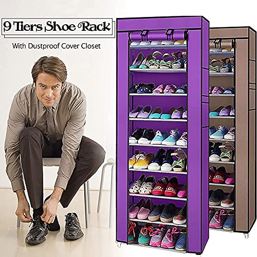 Mekek Shoe Rack Closet, Non-Woven 9 Tier Shoe Rack Shoe Shelf Storage Closet Organizer Cabinet (Purple)