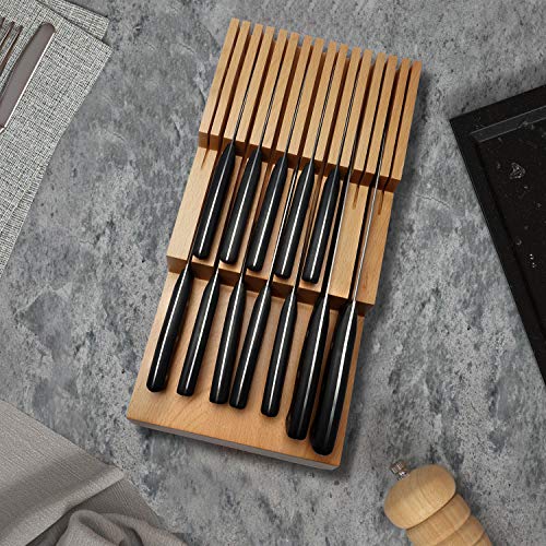 HomeEase In-Drawer Beechwood Knife Block, Knife Drawer Organizer and Holder (17.6X9.5X2.9 inches)