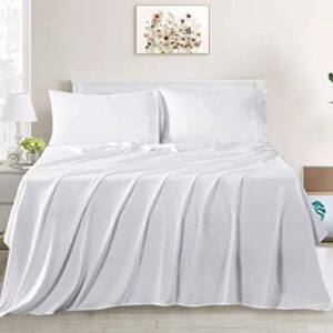 wavveUziz Bed Sheet Set Super Soft 100% Microfiber Sheet 1800 Brushed Microfiber Embroidered Twin Size Bed Sheets 16-Inch Deep Pocket - 3 Piece, White