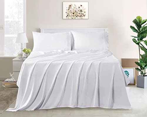 wavveUziz Bed Sheet Set Super Soft 100% Microfiber Sheet 1800 Brushed Microfiber Embroidered Twin Size Bed Sheets 16-Inch Deep Pocket - 3 Piece, White