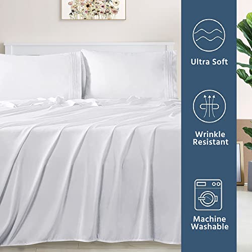 wavveUziz Bed Sheet Set Super Soft 100% Microfiber Sheet 1800 Brushed Microfiber Embroidered Twin Size Bed Sheets 16-Inch Deep Pocket - 3 Piece, White