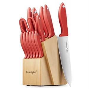 knife set 15-piece kitchen knife set with block wooden,chef knife set with sharpener,high carbon stainless steel knife block set by emojoy,red