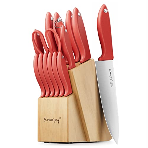 Knife Set 15-Piece Kitchen Knife Set with Block Wooden,Chef Knife Set with Sharpener,High Carbon Stainless Steel Knife Block Set by Emojoy,Red