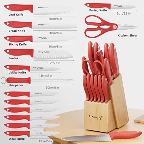 Knife Set 15-Piece Kitchen Knife Set with Block Wooden,Chef Knife Set with Sharpener,High Carbon Stainless Steel Knife Block Set by Emojoy,Red