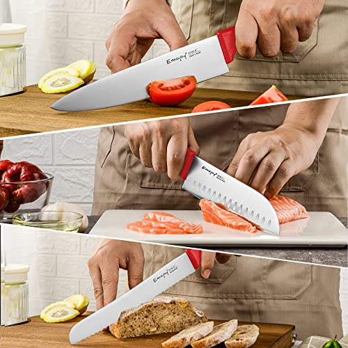 Knife Set 15-Piece Kitchen Knife Set with Block Wooden,Chef Knife Set with Sharpener,High Carbon Stainless Steel Knife Block Set by Emojoy,Red