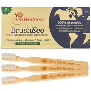 orawellness bamboo toothbrush, sustainable brusheco bass toothbrush with 4 rows, biodegradable wooden toothbrush for polishing teeth, removing plaque, healthy mouth, gums & teeth, bpa free, 3 pack