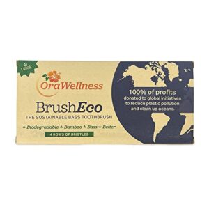 OraWellness Bamboo Toothbrush, Sustainable BrushEco Bass Toothbrush with 4 Rows, Biodegradable Wooden Toothbrush for Polishing Teeth, Removing Plaque, Healthy Mouth, Gums & Teeth, BPA Free, 3 Pack